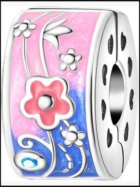 Sterling Silver Bead Charm for Charm Bracelets Clip Spacer Stopper Floral Design